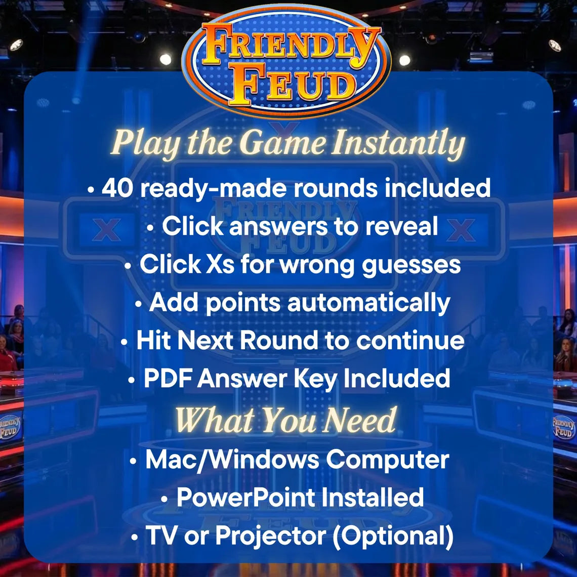 Friendly Feud Family Game Night, Editable Powerpoint Game Show with Auto Score, Party Games for Adults & Families