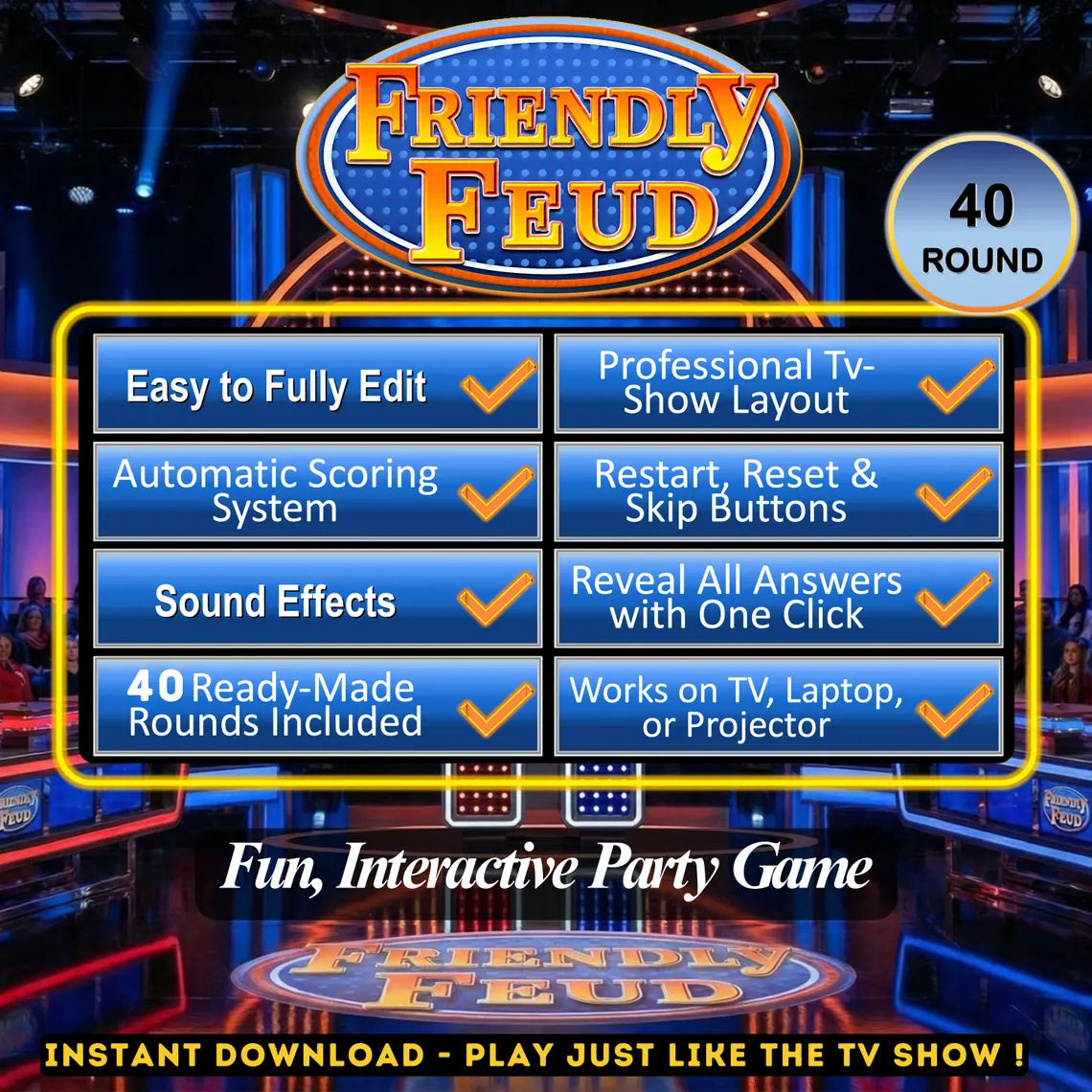 Friendly Feud Family Game Night, Editable Powerpoint Game Show with Auto Score, Party Games for Adults & Families